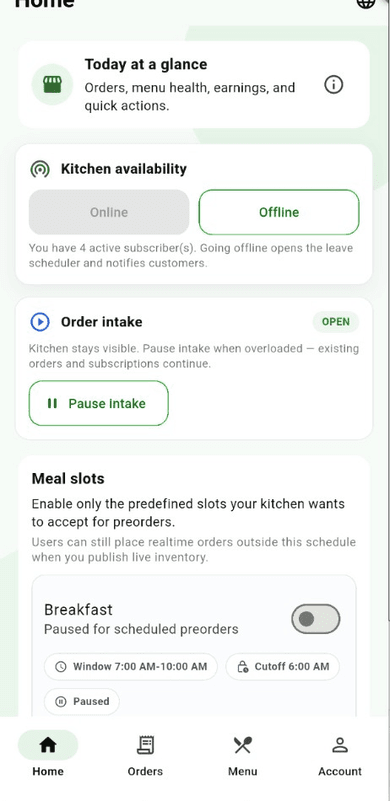Chef app — kitchen home