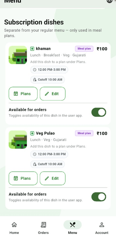 Chef app — menu management